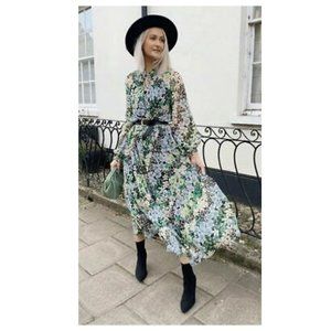 H&M Chiffon Blue Green Floral Summer Long Dress Sz M Loose Fit